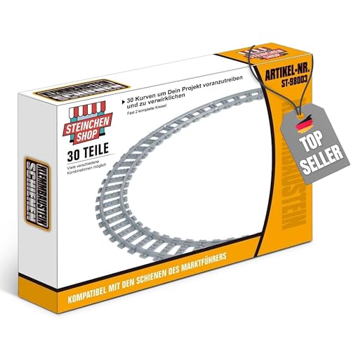 Steinchenshop 30  Kurvenschienen – Fast 2 Kreise aus Klemmbausteinen – je 14 × 6,5 cm – kompatibles Schienenset für City- & Modellbauwelten robust & passgenau