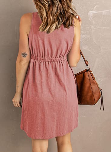 Blencot Women's Casual Sleeveless T-Shirt Dresses Summer V Neck Button Down Swing Short Dress Pink L #TOP1