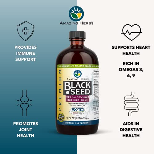 Amazing Herbs Premium Black Seed Oil - Cold Pressed Nigella Sativa Aids In Digestive Health, Immune Support, Brain Function, Joint Mobility, Gluten Free, Non Gmo - 16 Fl Oz #TOP5
