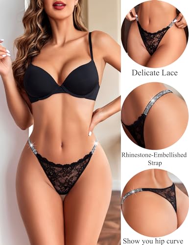 Image of Avidlove Lace Thongs for Women with Rhinestone-Embellished Strap Cheeky Underwear Sexy Panties 1-3 Pack