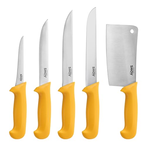 Shov Küchenmesser Set – Premiumqualität | Profi Küchenmesser | Kochmesser Set | Fleischmesser | Ausbeinmesser | Scharf & Robust | Für Profis & Hobbyköche (5, mit Beil)