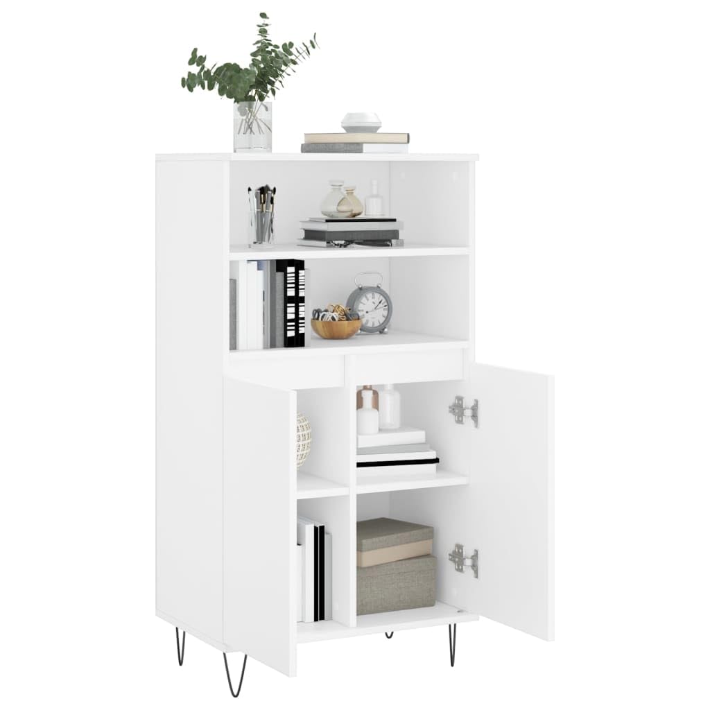 Armadietto alto, in legno bianco, 60 x 36 x 110 cm, con 6 scomparti e piedini in metallo, per soggiorno, corridoio, comò, per ordine e arredamento moderno