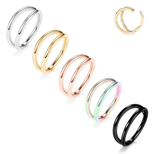 PEAKLINK 5PCS Double Nose Hoop Ring 316L Conch Earring Helix Piercing Septum Nose Jewelry Surgical Steel Cartilage Earrings Nose Clicker Rings Rook Tragus Lobe Lip Piercing Jewelry 6 to 12 mm