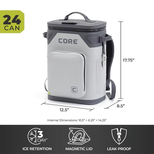 Image of CORE Magnetic Leak Proof Soft Cooler with Waterproof Zipper | Insulated Bag Portable Ice Chest Box | Best Soft Cooler for Food & Beverages for Tailgating, Car Camping, Travel, and Family Beach Picnics
