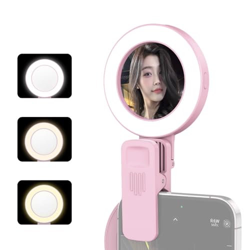 Camnoon Clip-on Selfie Ring Light for Phone with Selfie Mirror 3 Levels Brightness 180° Rotatable Built-in Battery Portable Selfie Fill Light Replacement for iPhone 15/14/13/12 Android
