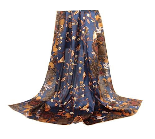 ANDANTINO 100% Pure Mulberry Silk Scarf 43" Large Square Lightweight Headscarf& Shawl–Women Hair Wraps-With Gift Packed (Blue-Flower&Birds), Blue-flower&birds, L