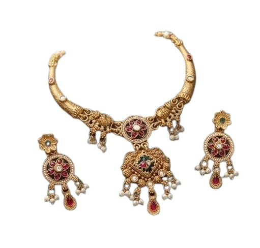 Antique Gold Plated Temple Jewelry Set for Women with Statement Necklace & Matching Earrings | Ethnic Bridal Party-Wear Choker with Kundan Pearls & Red Green Stones-image-40