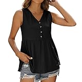 Generic Damen-Trägershirt mit V-Ausschnitt und Knöpfen, ärmelloses Babydoll-Oberteil, lässiges Henley-Hemd, bedruckte Tunika-Top-Bluse Schwarz Gold Shirt Damen