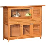 PawHut Conejera de Madera Exterior de 2 Niveles, Jaula para Conejos con Techo de Asfalto Abatible, Puertas, Rampa y 2 Bandejas Extraíbles, 120x48x100 cm, Madera Natural