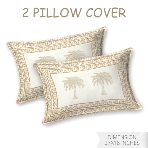 Image of Living Roots Ethnic Jaipur Block Print Double Cotton Bedsheet & 2 Pillow Covers, for Mattress Upto 6 inches Thick, No Colour Bleeding, Ivory Colour, King Size 90 * 108 inches, 120TC (608-B)