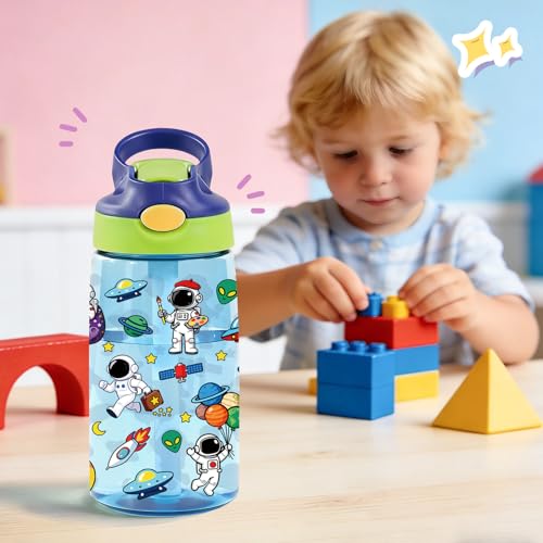 Image of 14oz Space Astronaut Kids Water Bottle with Straw Lid - Astronaut Water Bottles for Kids, Leakproof, Lightweight, Durable Plastic Bottles for School, Universe Space Gift Cup for Boys Girls