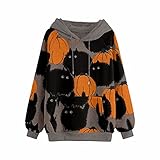 Halloween Sweatshirt mit Kapuze Damen Kapuzenpullover Kürbis Katze Gedruckt Hoodie Pullover Lässig Locker Langarmshirt Mädchen Graphic Langarm Oversized Kapuzenpulli Elegant Sweatjacke Pulli Jacke