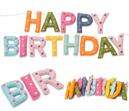 Pre-Strung Handmade Wool Felt Colorful Happy Birthday Banner Unique 3D Confetti Dots Happy Birthday Garland Decor Reusable Happy Birthday Sign for Boho Rainbow Party Backdrop Decorations