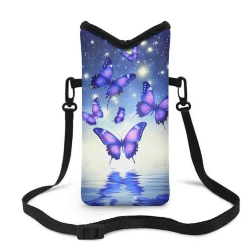 Image of Neoprene Cellphone Crossbody Bag Small Cell Phone Case Waterproof Crossbody Sling Bag with Adjustable Strap Hands-Free for Women Men, Violet Butterfly Water Reflection Blue