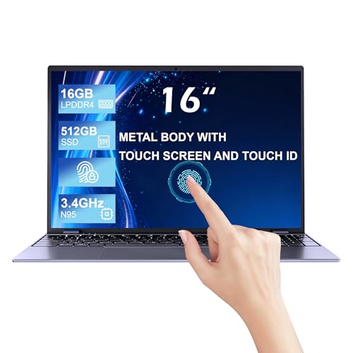 Image of 16 inch Touchscreen Laptop with 16GB RAM 512GB SSD, Win 11 Laptop Computer with Quad Core N95 Processor (Up to 3.4GHz),Backlit Keyboard, Fingerprint Reader, Metal case,BT5.2,for Students & Work
