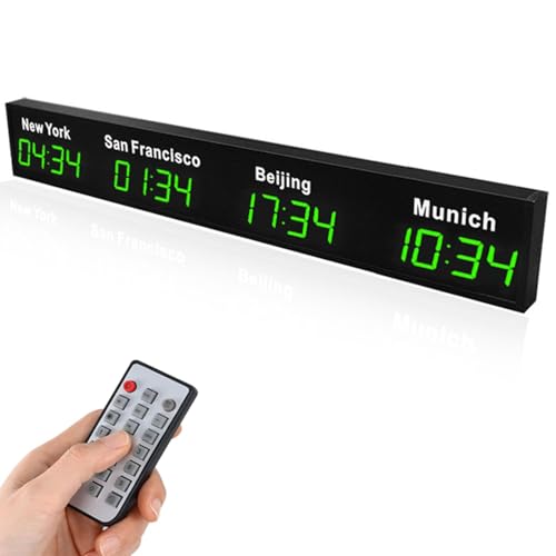 HNBYLMM Reloj con husos horarios mundiales, Reloj Digital con múltiples husos horarios, Reloj LED con Hora Mundial, Reloj con Hora Mundial para 3/4 Ciudades, para aeropuertos, hoteles,Green-4Time