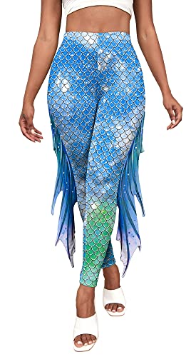 SEAUR Leggings de sirena para mujer, cintura alta, estampados, disfraz de carnaval, azul, L