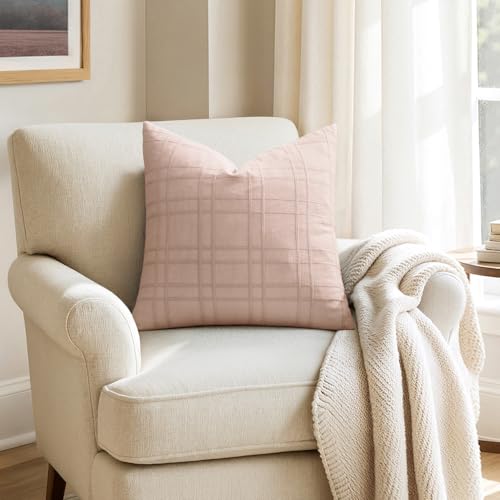 Image of MIULEE Decorative Linen Check Throw Pillow Covers Neutral Farmhouse Vintage Spring Valentine Spring Pillow Covers 18x18 Set of 2 Boho Modern Home Decor for Sofa Couch Bedroom Cushion Light Pink