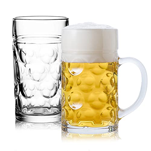 Encheng Glass Beer Stein Mugs Jumbo Mugs,German Beer Mug With Handle 1.2Liter,Big Freezable Glass Mug 40oz,Extra Large German Beer Glasses BPA Free,Dishwasher Safe 2 Pack by Encheng - Used condition - US$20.28