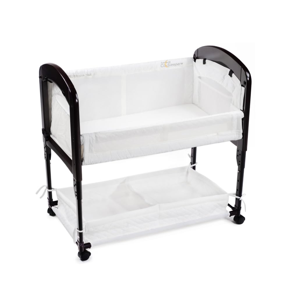 Arm’s Reach Cambria Co-Sleeper Bedside Bassinet Featuring Height-Adjustable Legs, Curved Wooden Ends, Breathable Mesh Sides with Pockets, and Large Lower Storage Basket, Espresso and White