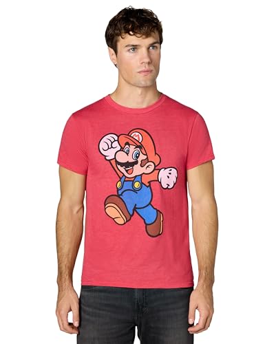 Nintendo Super Mario Jump Pose - Camiseta para Hombre, Rojo (Red Heather), Medium