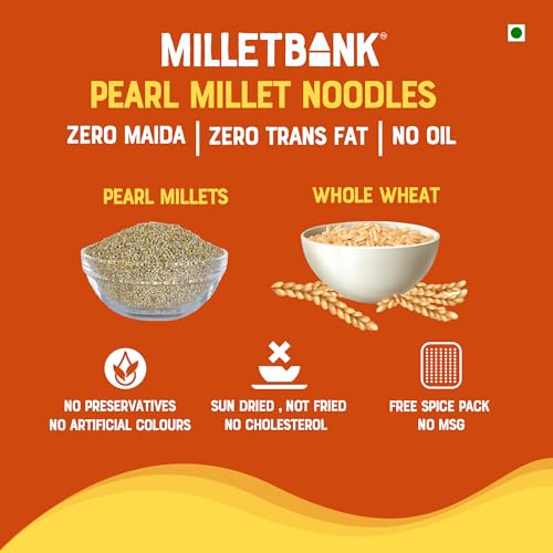 Image of Millet Bank Pearl Millet Hakka Noodles | Healthy Multigrain Noodles | High Protein | No Added Sugar | Healthy Noodles,Pack of 2 x 180 g