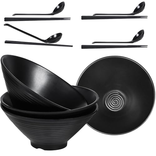 Purilit design Large Noodle Ramen Bowls - 4 Set Japanese Dinnerware Set,4 Chopsticks,4 Spoons, 40 OZ Soup Bowls for Pasta,Salad,Large Bowl for Adults, Dishwasher Safe(Black)