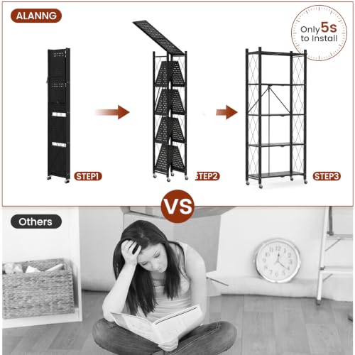 Image of ALANNG 60.6 Inch Folding Bookshelf, 5 Tier Metal Bookcase and Bookshelves | Tall Shelves for Living Room Office Bedroom, Heavy Duty Book Shelve Free Standing Open (Black, 4PACK)