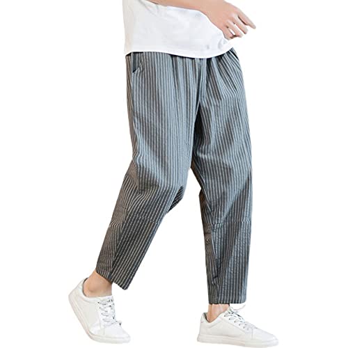 Astellarie Mens Casual Linen Stripe Harem Pants Elastic Waist Loose fit Baggy Cotton Tapered Trousers with Pockets