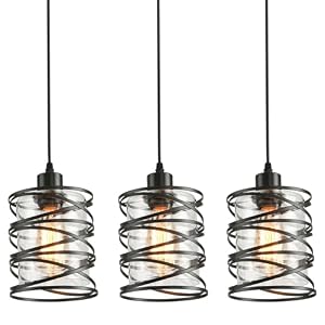 3 Pack Pendant Light Kitchen Island Pendant Lighting, Glass Hanging Light with Spiral Cage Clear Glass Shade, Black Modern Indoor Hanging Lamp