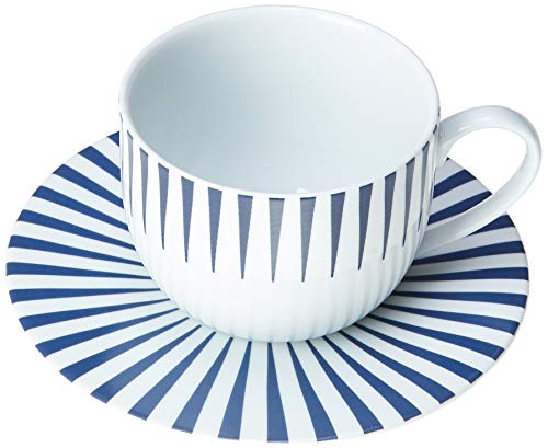 Estojo com 6 xícaras de chá com pires. Modelo redondo aba larga. Decoração sol azul. Fabricado pela