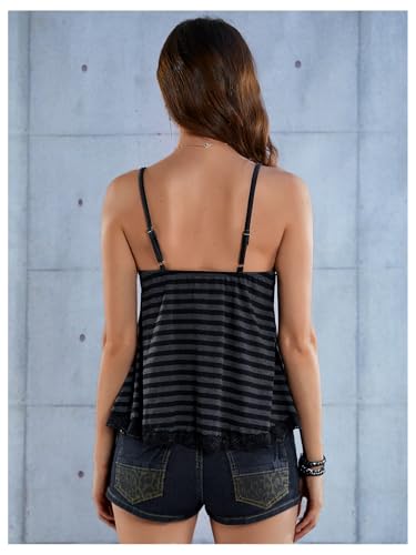 SOLY HUX Womens Y2K Lace Cami Sleeveless Striped Spaghetti Strap Camisole Gothic Babydoll Tops Black Striped Small