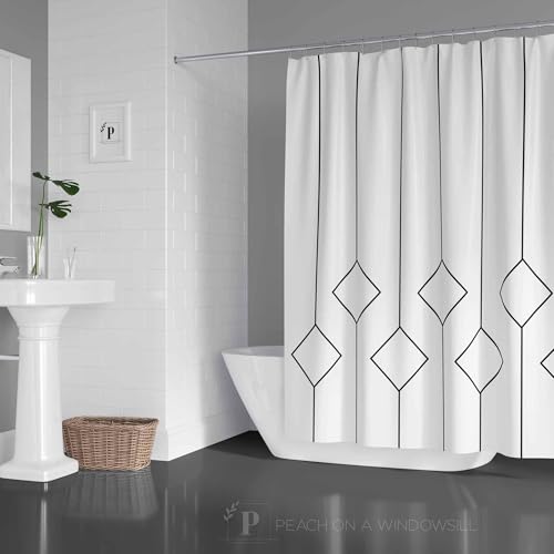 Rideau de douche blanc polyester motif losanges avec 12 crochets