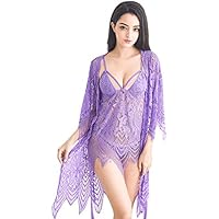 DEAR-JY Lencería Sexy, Pijama Sexy para Mujer, Estilo Boho, Pestañas Sexy, Encaje, Pijama con Falda De Tres Piezas,Púrpura