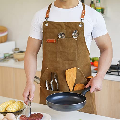 Canvas Aprons for Men Chef Apron, Work Apron with Large Pockets - 16oz Heavy Duty Cross Back, BBQ, Cooking - Image 4
