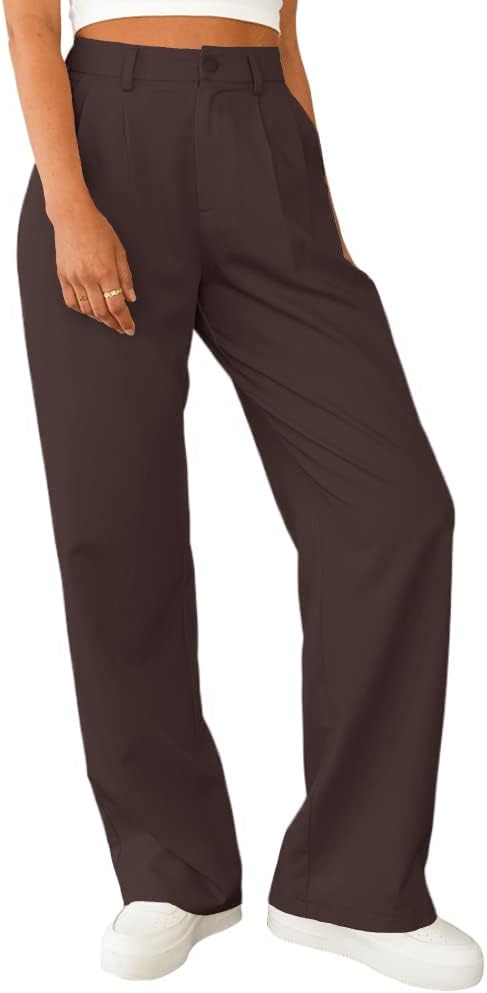 Women's Casual Straight Trousers High Waisted Button Work Office Dress Pants with Pockets (Brown,Small Long) - Image 3