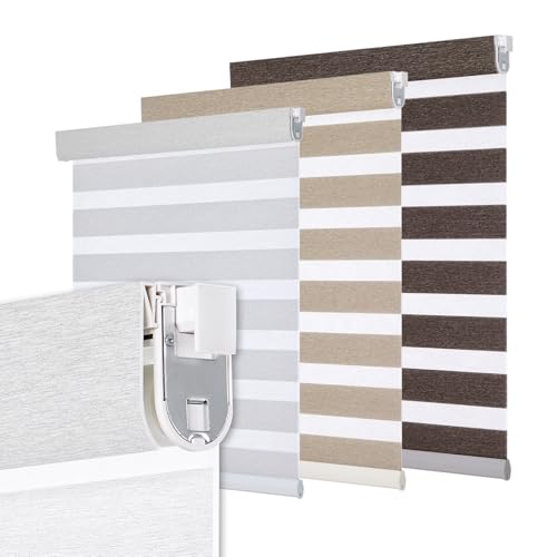 Persilux No Drill Custom Size Zebra Blind Dual Layer Privacy for Day and Night Window Blinds Light Filtering Cordless Windows Shades,Easy to Install Thermal Insulated Blinds,White（with Pattern