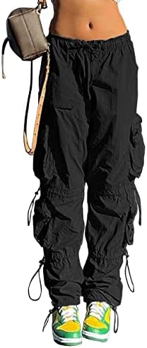 QYANGG Baggy Parachute Pants for Women Drawstring Elastic Low Waist Ruched Cargo Pants Multiple Pockets Jogger Y2K Pants Black