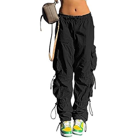 QYANGG Baggy Parachute Pants for Women& Girls Drawstring Elastic Low Waist Ruched Cargo Pants Multiple Pockets Jogger Y2K Black Cover