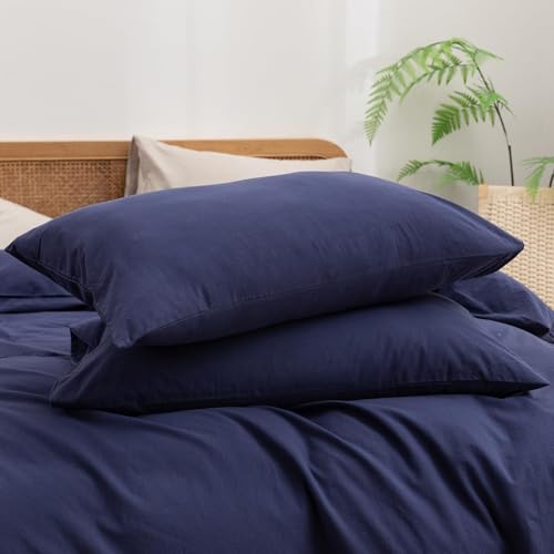Image of BESTOUCH Cotton Solid Duvet Cover Set Linen Feel Navy Blue Super King | 100% Washed Cotton, Soft Wrinkle Texture, Hidden Zipper, 8 Ties, Breathable Lightweight Durable Comfy, 3 Pcs No Insert
