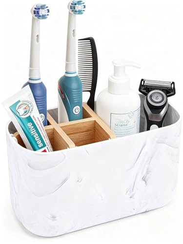 Marble Pattern Bamboo & Plastic Toothbrush Holder, 5 - Slot Bathroom Storage Organizer for Toothbrushes, Toothpaste, Razors, Toiletries - Multi - Scene Use for Family, Dresser, Kitchen