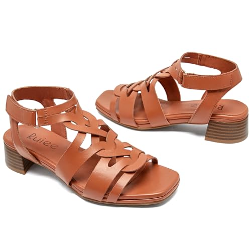 Women's Heels Chunky Heeled Sandals for Women, Summer Block Low Heels Ankle Strappy Square Open Toe Dressy Wedding Womens Sandals. 8 Tan 090