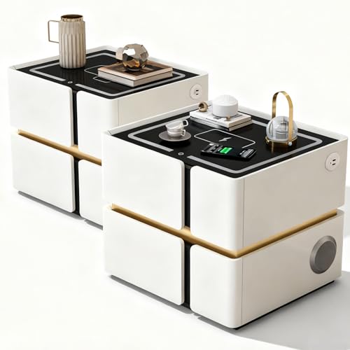 Juego de 2 mesitas de noche blancas con iluminación LED, mesa auxiliar inteligente con 2 cajones, altavoz Bluetooth, carga inalámbrica y sensor automático, 2 USB y 1 Type-C, moderna mesa de sofá
