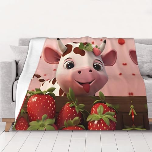 WZYCWB Couverture en flanelle imprimée vache et fraises de 127 x 101,6 cm - 76,2 à 203,2 cm. Une couverture chaude pour l'automne à la maison et une couverture de voyage portable.