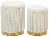Conjunto de 2 pufs con almacenaje tapizados en poliéster blanco con base dorada diseño moderno mechón horizontal Miramar