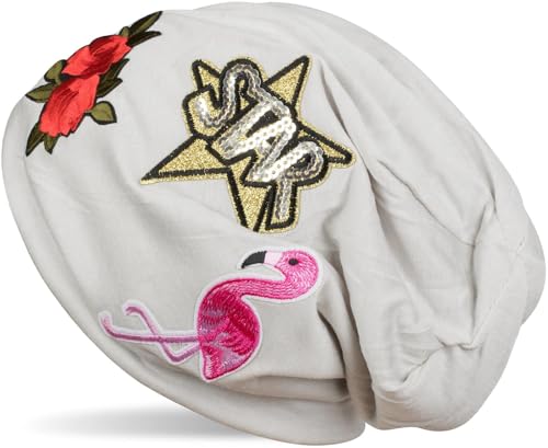 styleBREAKER Beanie Mütze mit Patches, Flamingo, Rosen, Star Stern Pailletten Patch, Slouch Longbeanie, Unisex 04024114, Farbe:Hellgrau