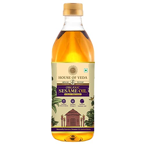 Image of House of Veda Organic Cold Pressed Sesame Oil 1L | Pure Til Ka Tel | Rich in Vitamin E & Natural Antioxidants | Rich, Nutty Flavour | Healthy Heart Cooking Oil | Certified Organic | For Cooking, Skin & Hair
