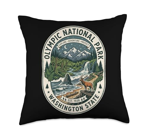 Olympic National Park Washington State Vintage Elk Emblem Throw Pillow