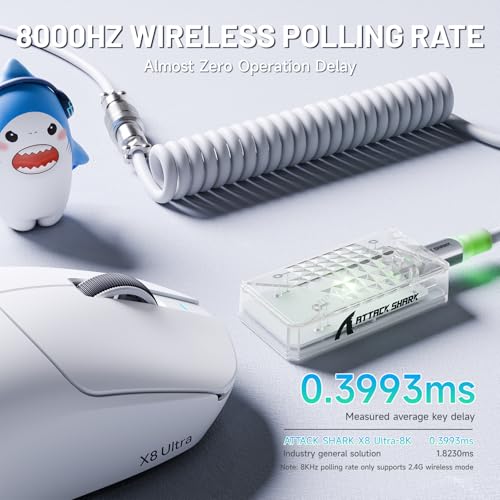 Image of ATTACK SHARK X8 Ultra Wireless Gaming Mouse, 42000 DPI PAW3950MAX Sensor, 8000Hz Polling Optical Nordic 52840 Tri-Mode 2.4G /BT /Wired, 55g Lightweight Big Hand Ergonomic Mouse with Coiled Cable-White