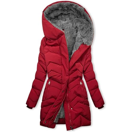 The Day of Deals of,Warm Winter Fleece Coats Casual Solid Color Zipper Pocket Velvet Cotton Hooded Jacket (Red, L),Warm Sherpa Thermal Winter Coats with Pocket,Black Frid Amazon'S Warehou
